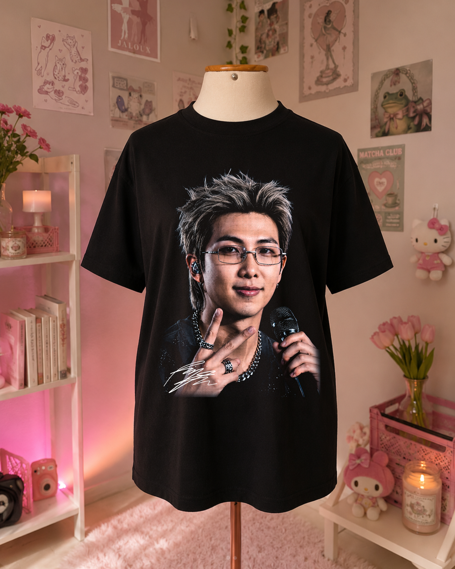 Black K-Pop T-Shirt with Portrait, Glasses, and Microphone