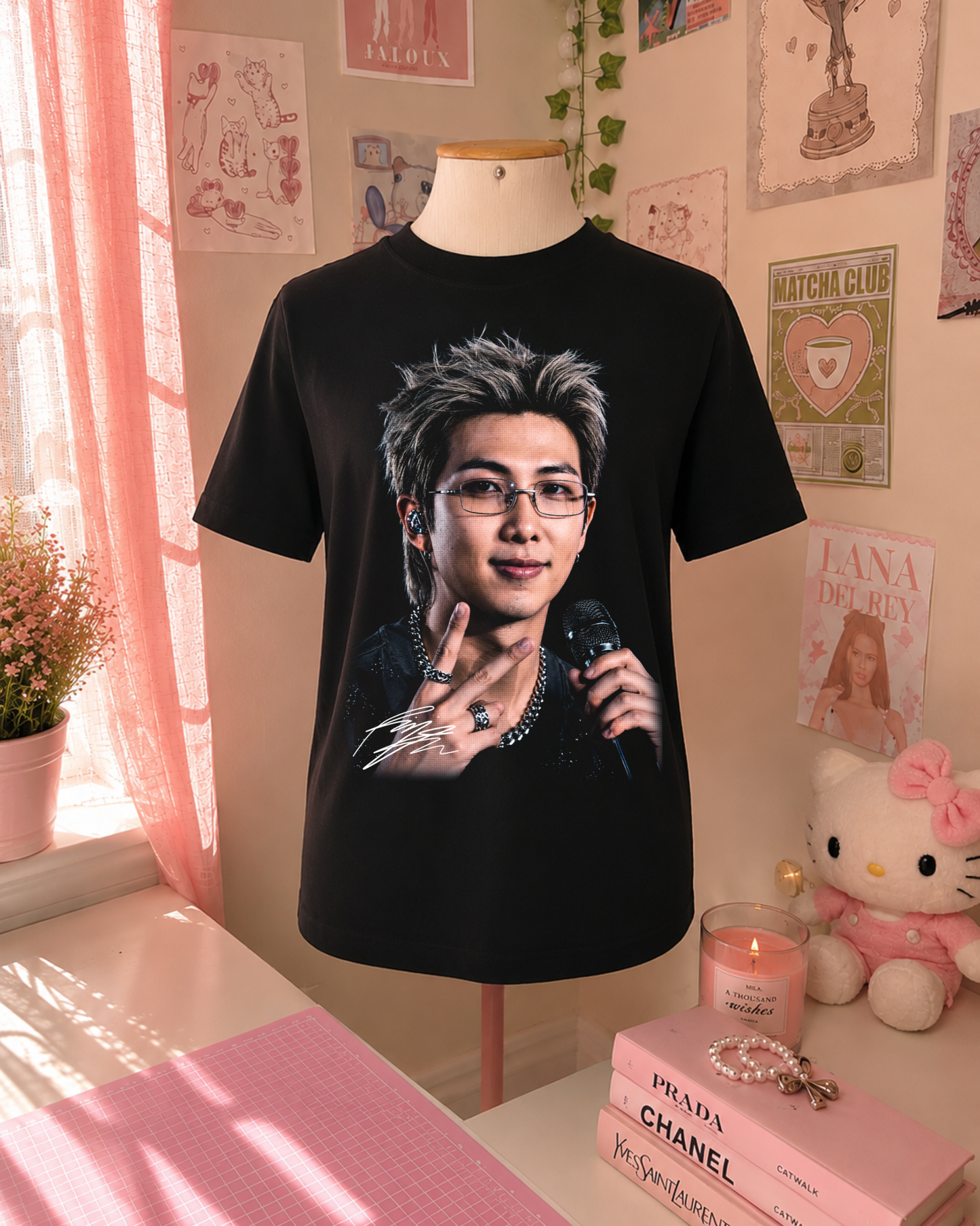 Black K-Pop T-Shirt with Portrait, Glasses, and Microphone