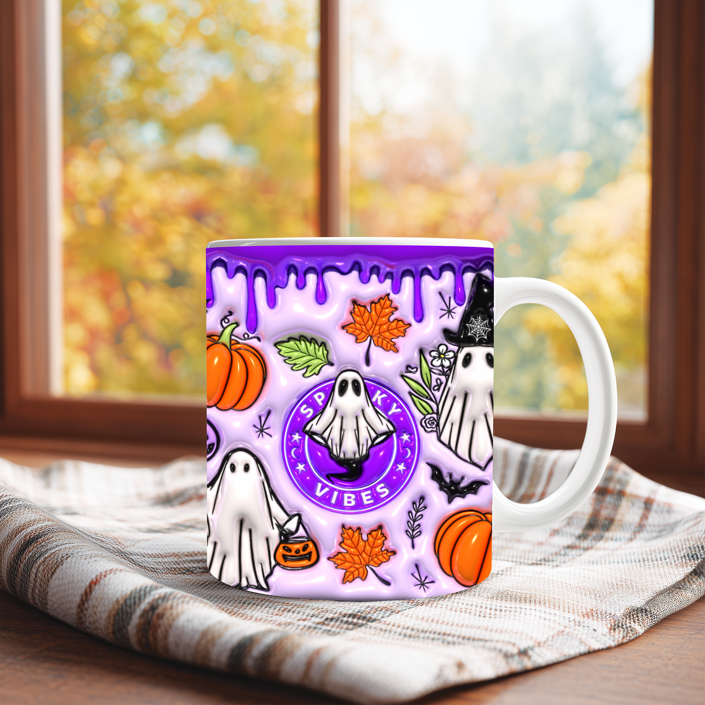 Caneca Spooky Vibes Roxa | Cute Halloween Ghost & Pumpkin Mug