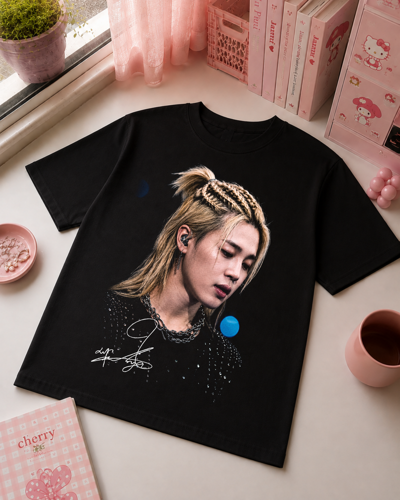 Black K-Pop T-Shirt with Blonde Braided Portrait