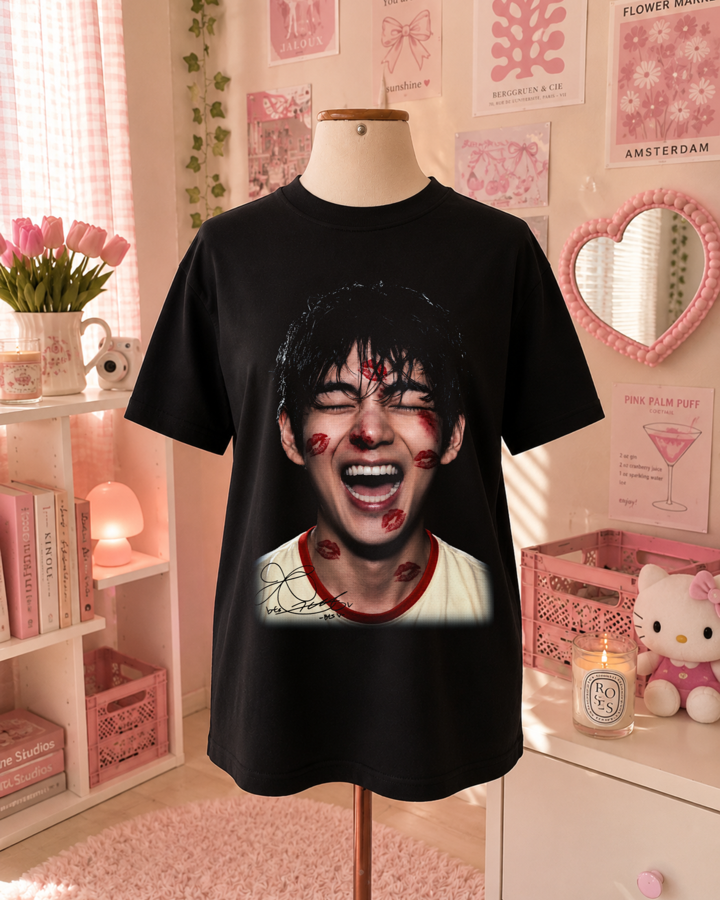 K-Pop Idol Black T-Shirt with Red Kisses
