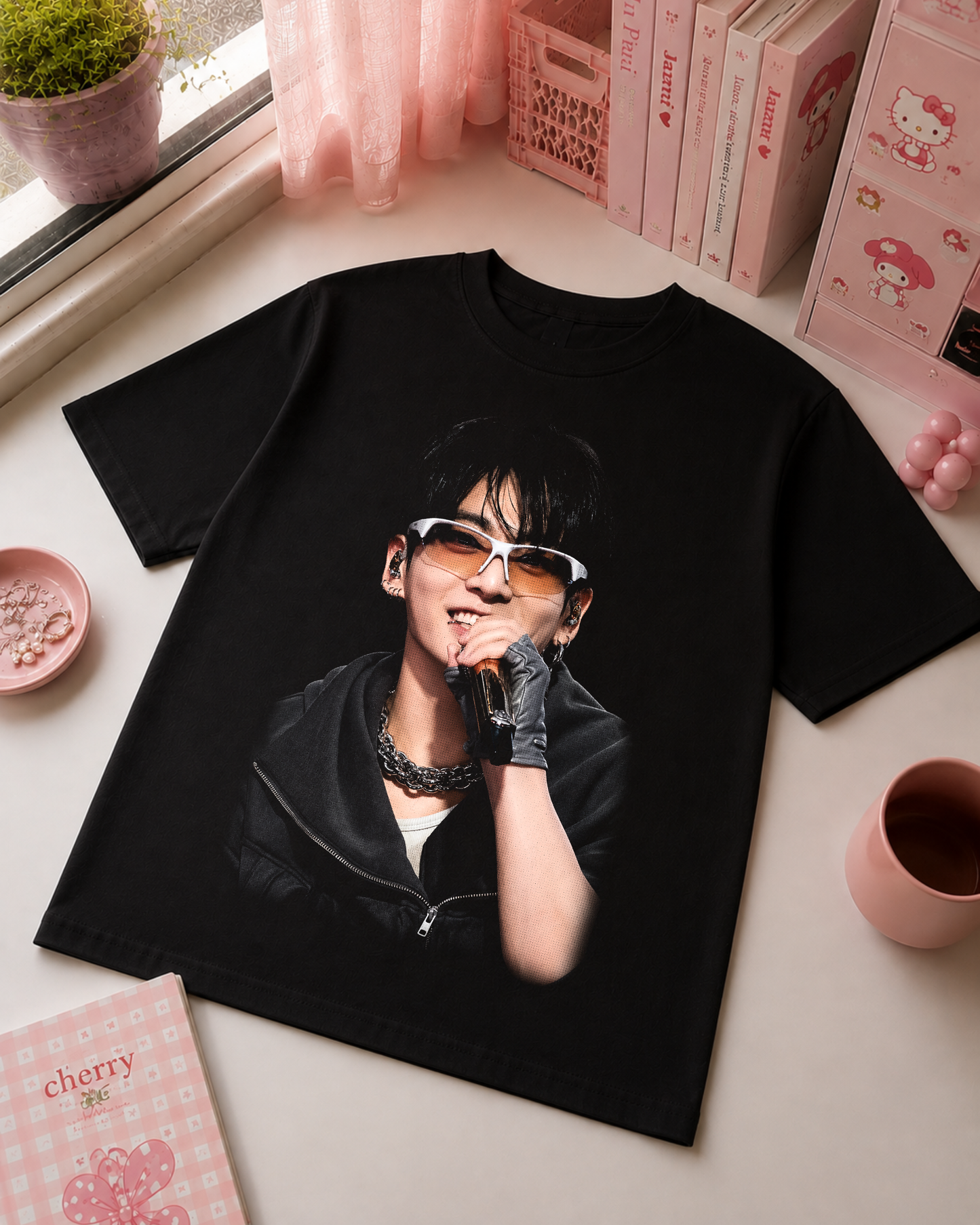 K-Pop Black T-Shirt with Idol Portrait and Microphone