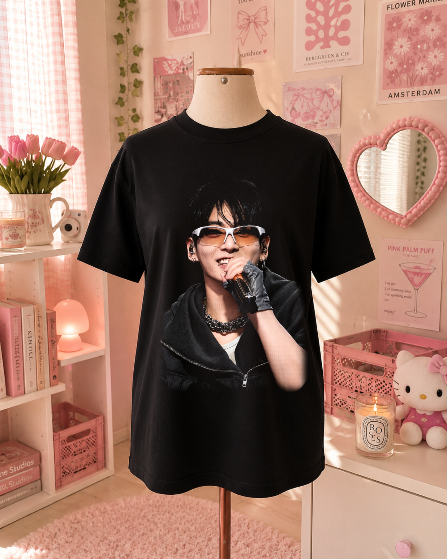 K-Pop Black T-Shirt with Idol Portrait and Microphone