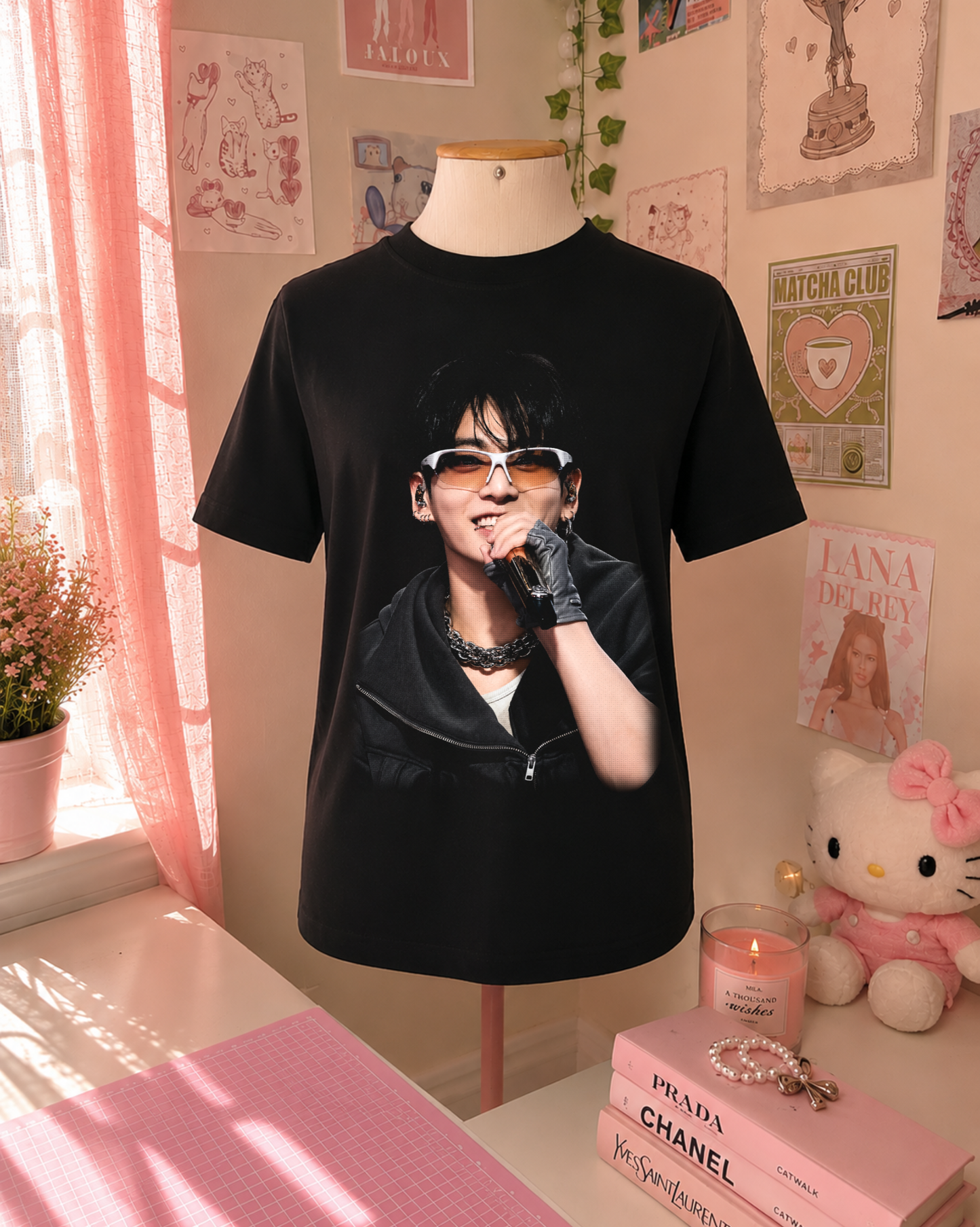 K-Pop Black T-Shirt with Idol Portrait and Microphone