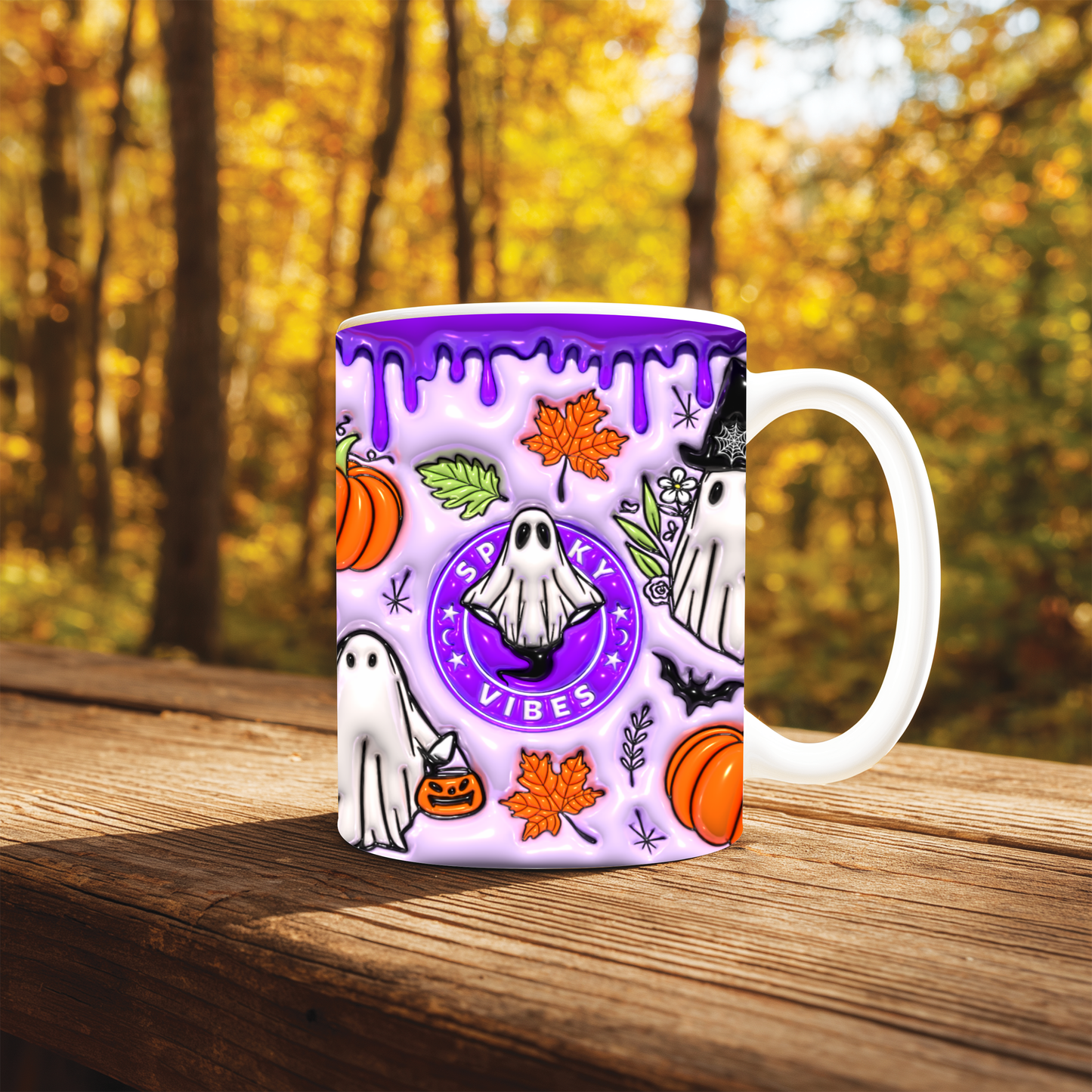 Caneca Spooky Vibes Roxa | Cute Halloween Ghost & Pumpkin Mug