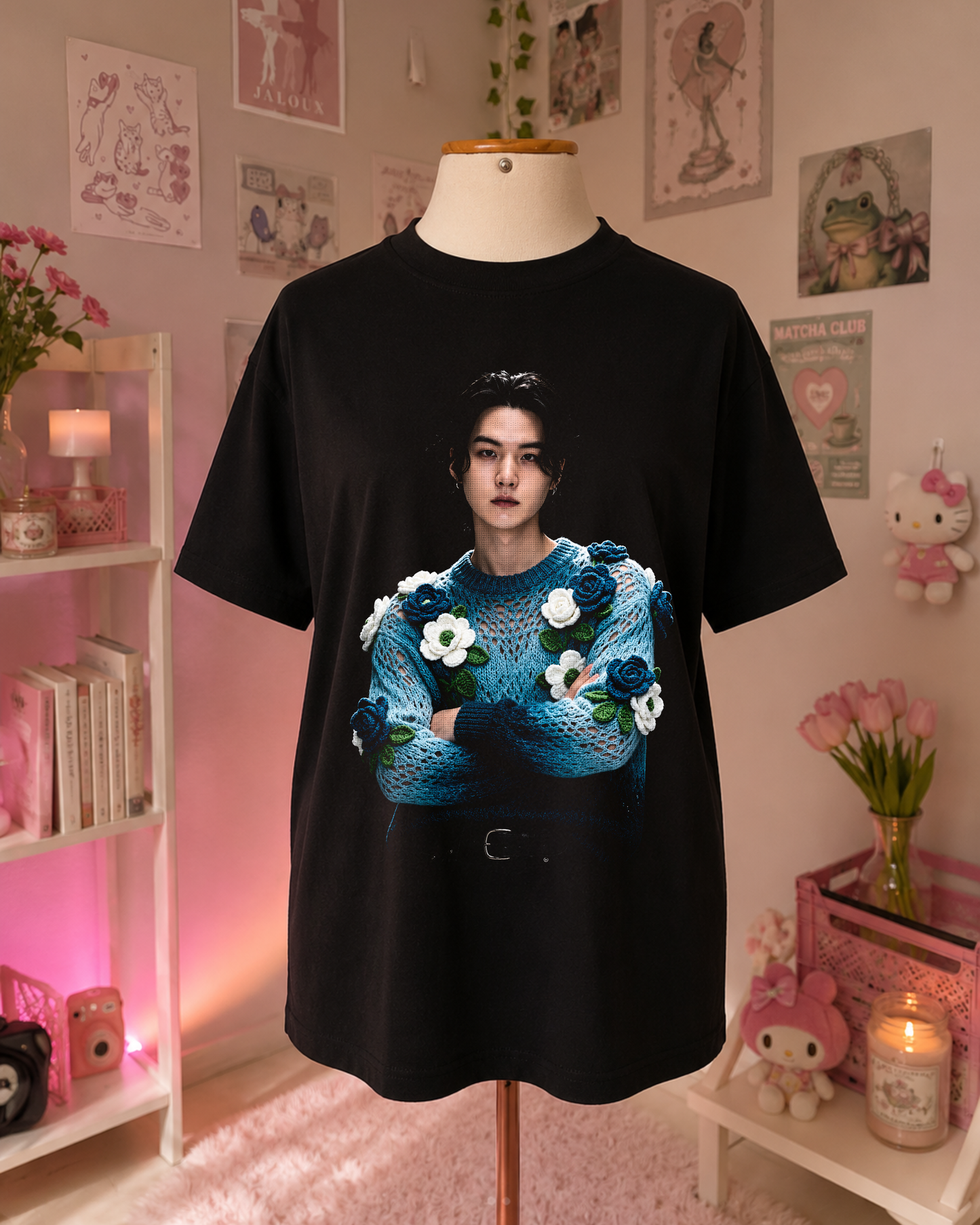 T-Shirt Preta K-Pop com Idol e Flores em Azul