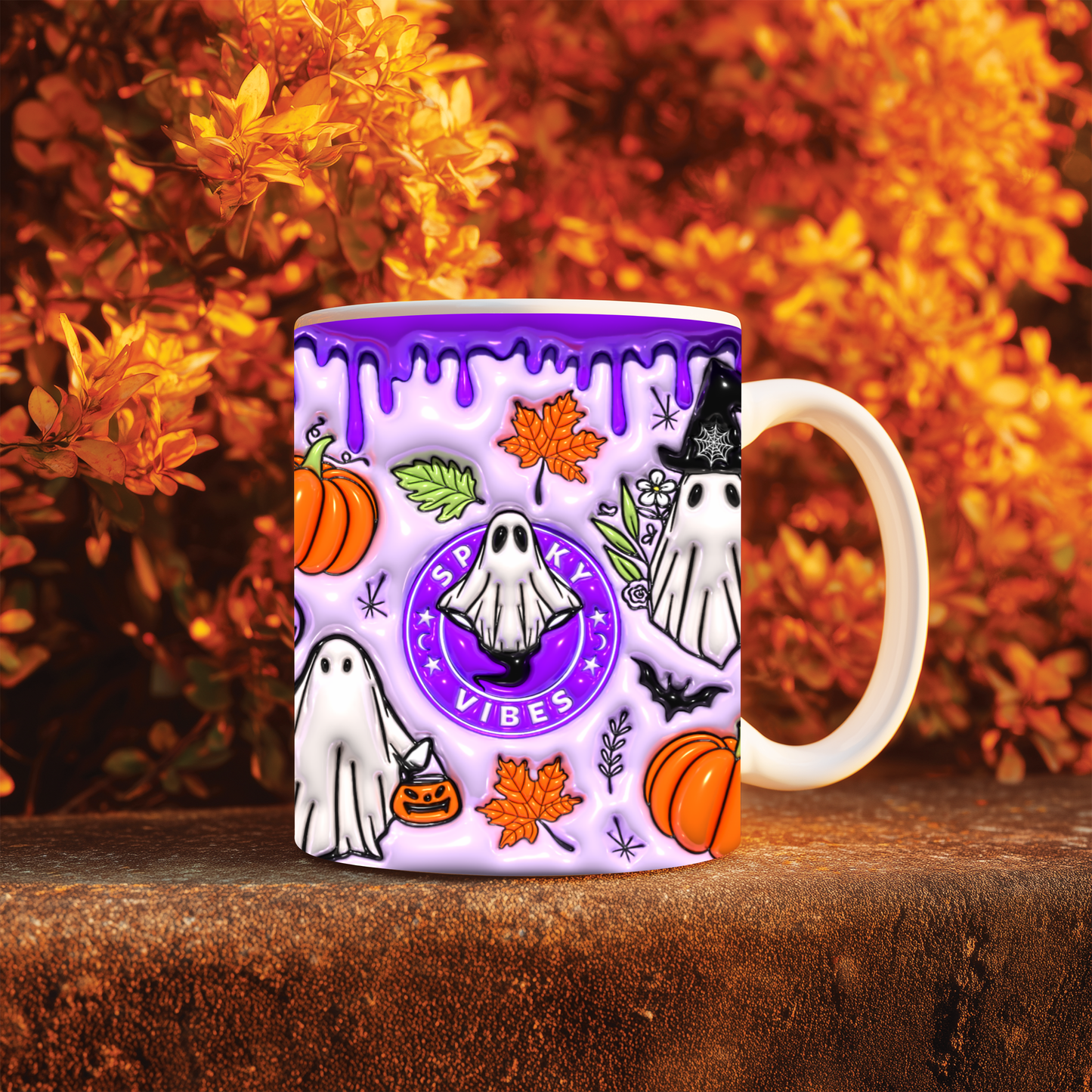 Caneca Spooky Vibes Roxa | Cute Halloween Ghost & Pumpkin Mug