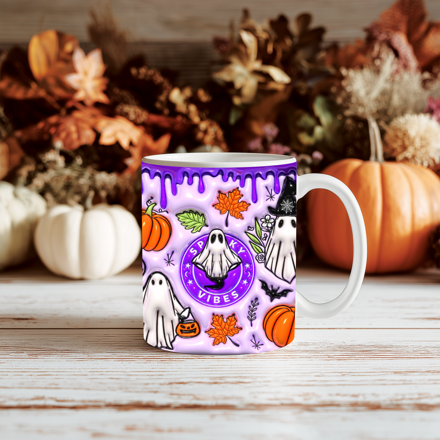 Caneca Spooky Vibes Roxa | Cute Halloween Ghost & Pumpkin Mug
