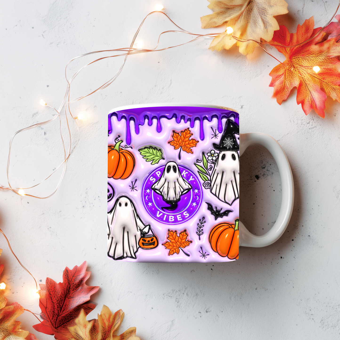 Caneca Spooky Vibes Roxa | Cute Halloween Ghost & Pumpkin Mug