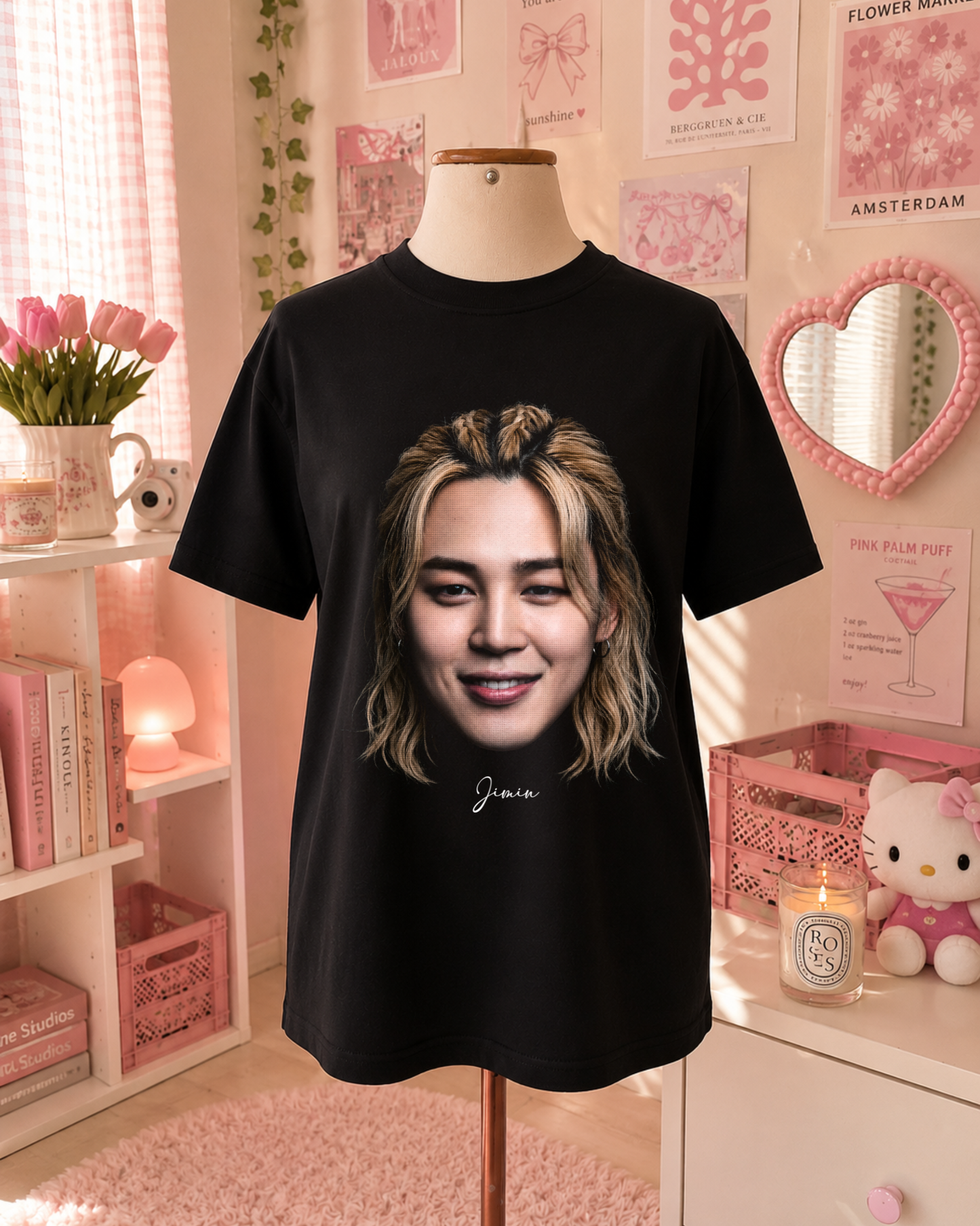 Black K-Pop T-Shirt with Idol Portrait and Minimalist Design