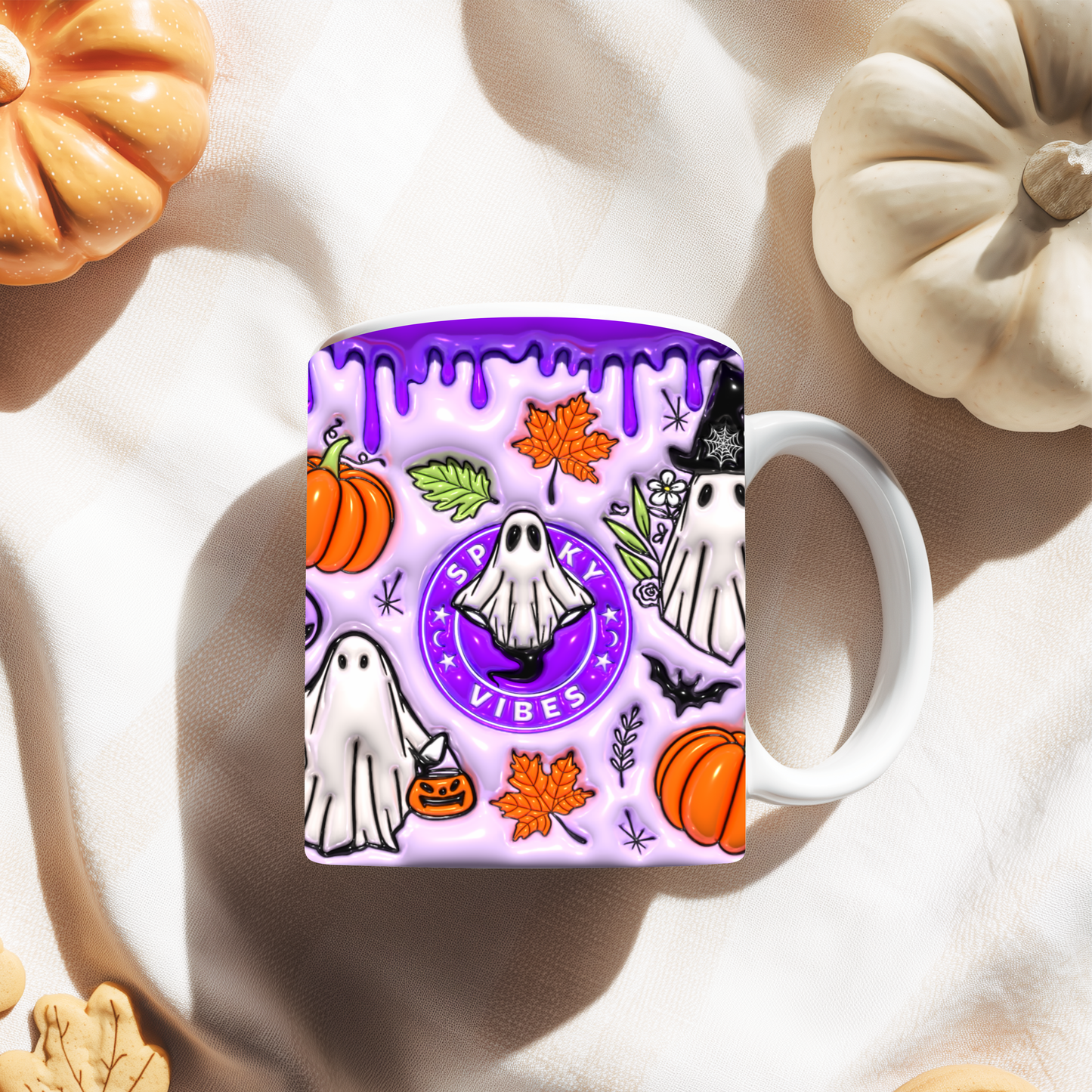 Caneca Spooky Vibes Roxa | Cute Halloween Ghost & Pumpkin Mug