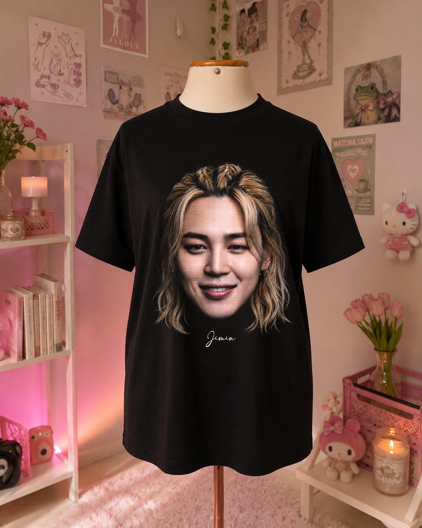 Black K-Pop T-Shirt with Idol Portrait and Minimalist Design