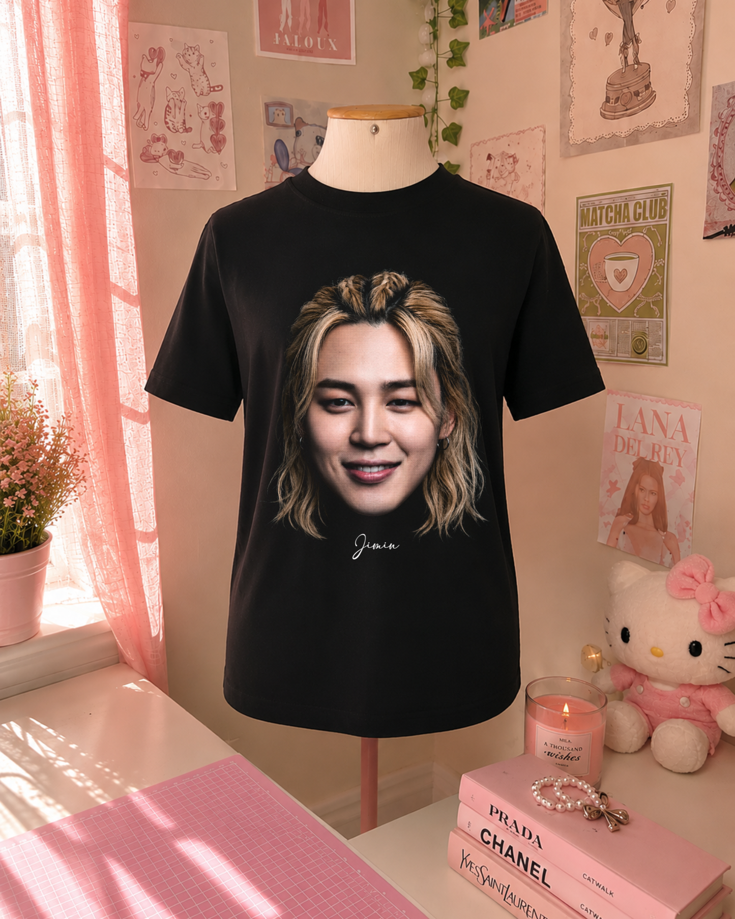 Black K-Pop T-Shirt with Idol Portrait and Minimalist Design