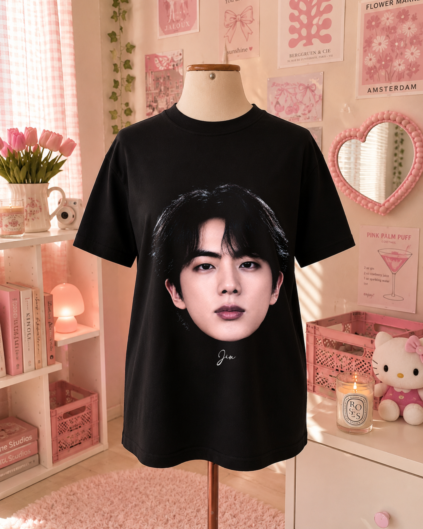 T-Shirt K-Pop Preta com Retrato de Idol Coreano