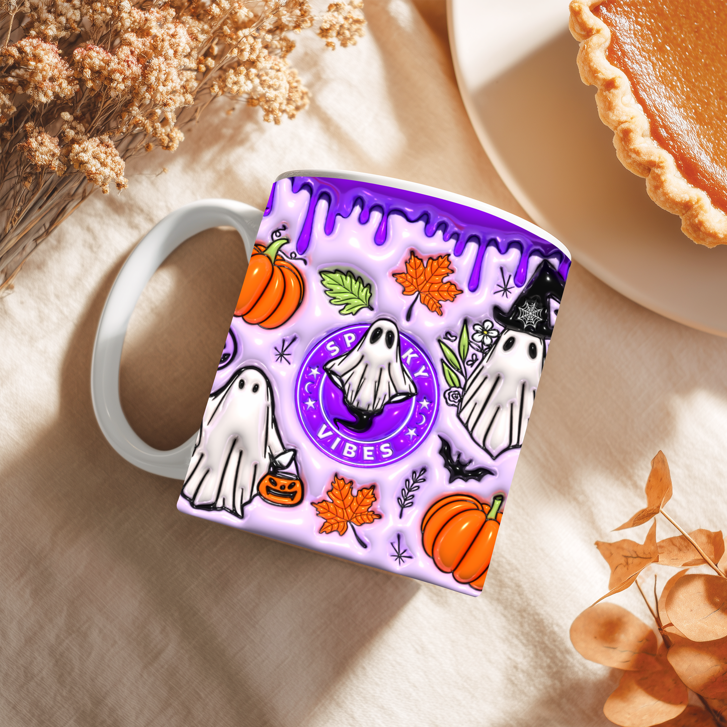 Caneca Spooky Vibes Roxa | Cute Halloween Ghost & Pumpkin Mug