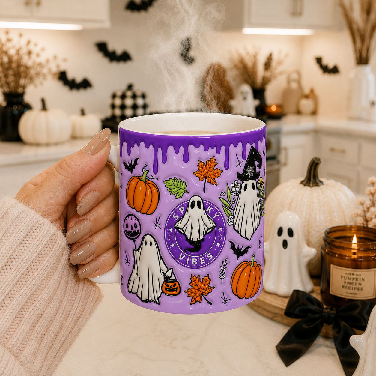 Caneca Spooky Vibes Roxa | Cute Halloween Ghost & Pumpkin Mug