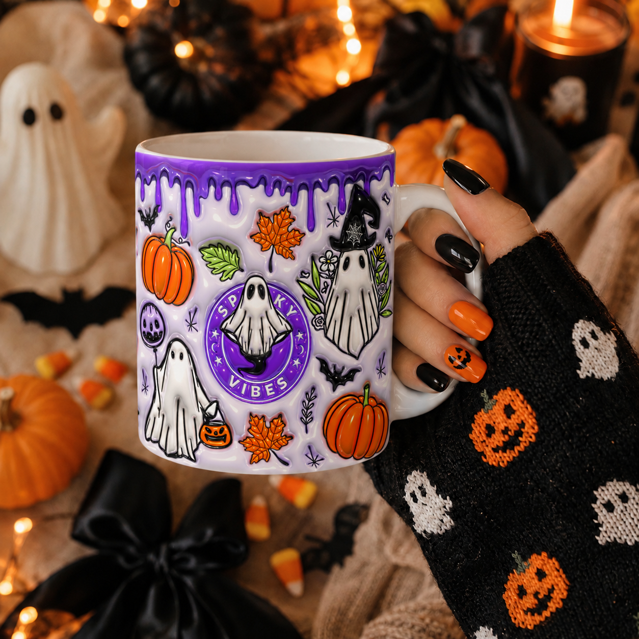Caneca Spooky Vibes Roxa | Cute Halloween Ghost & Pumpkin Mug