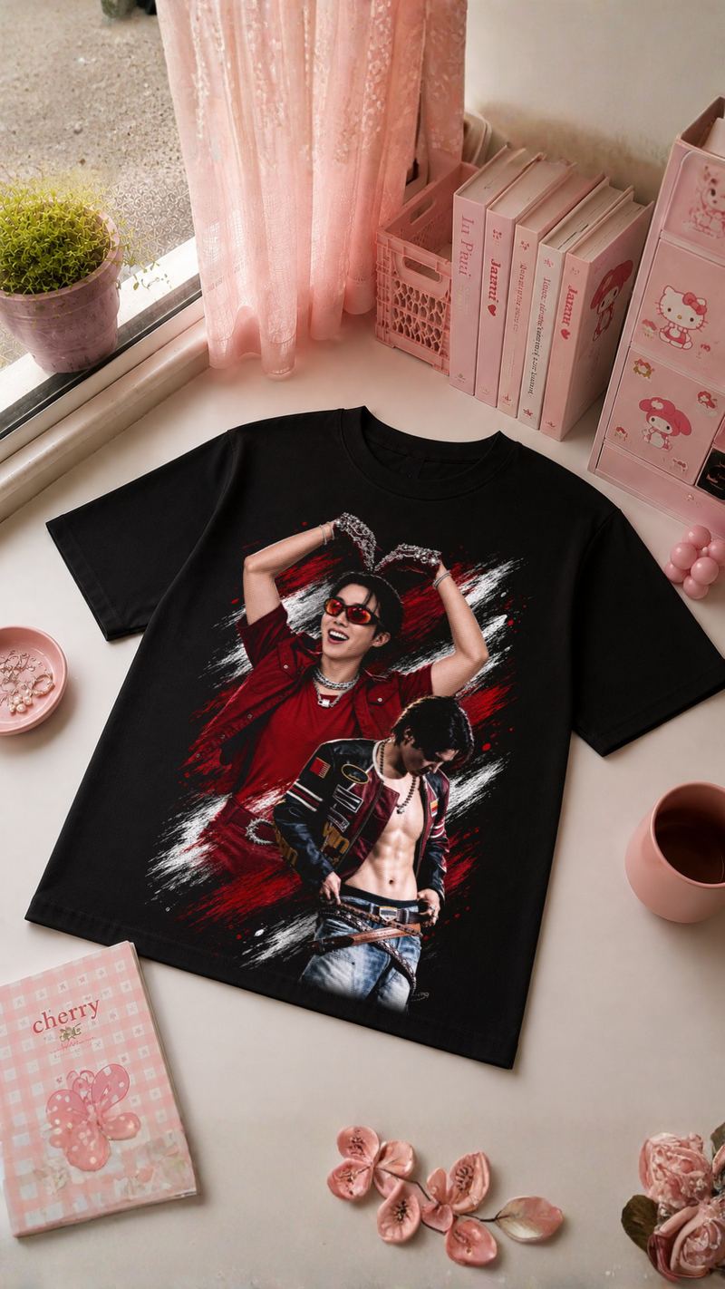 T-Shirt K-Pop Red Aesthetic | Camisola Preta Streetwear Vintage